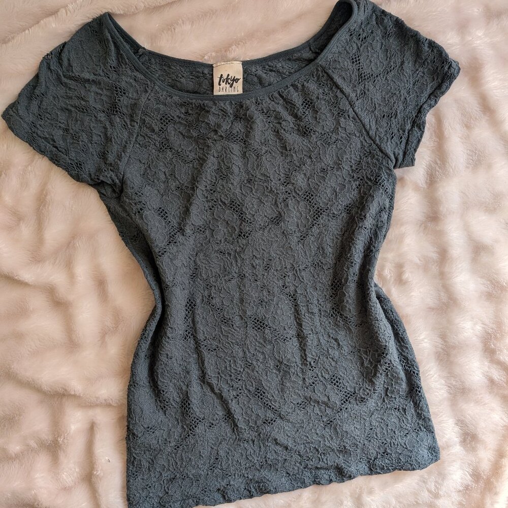Short sleeve teal grey lace blouse